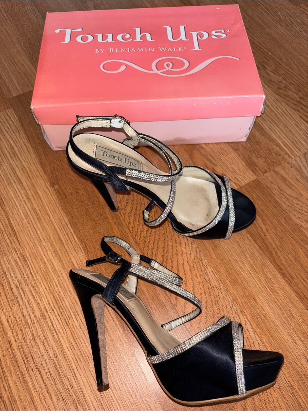 Touch Ups Navy Satin 4 inch Heels with Silver Rhinestone Straps